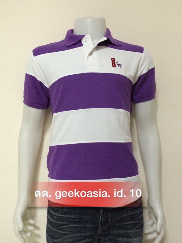 เสื้อโปโลตัดต่อชายสีม่วงกลางขาว