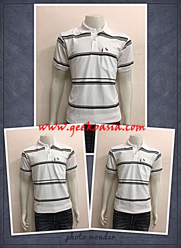 เสื้อโปโลขาวพิมพ์ลายจีโก้ เนื้อผ้าดีราคาถูก