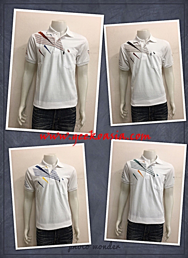 เสื้อโปโลขาวพิมพ์ลายจีโก้ เนื้อผ้าดีราคาถูก